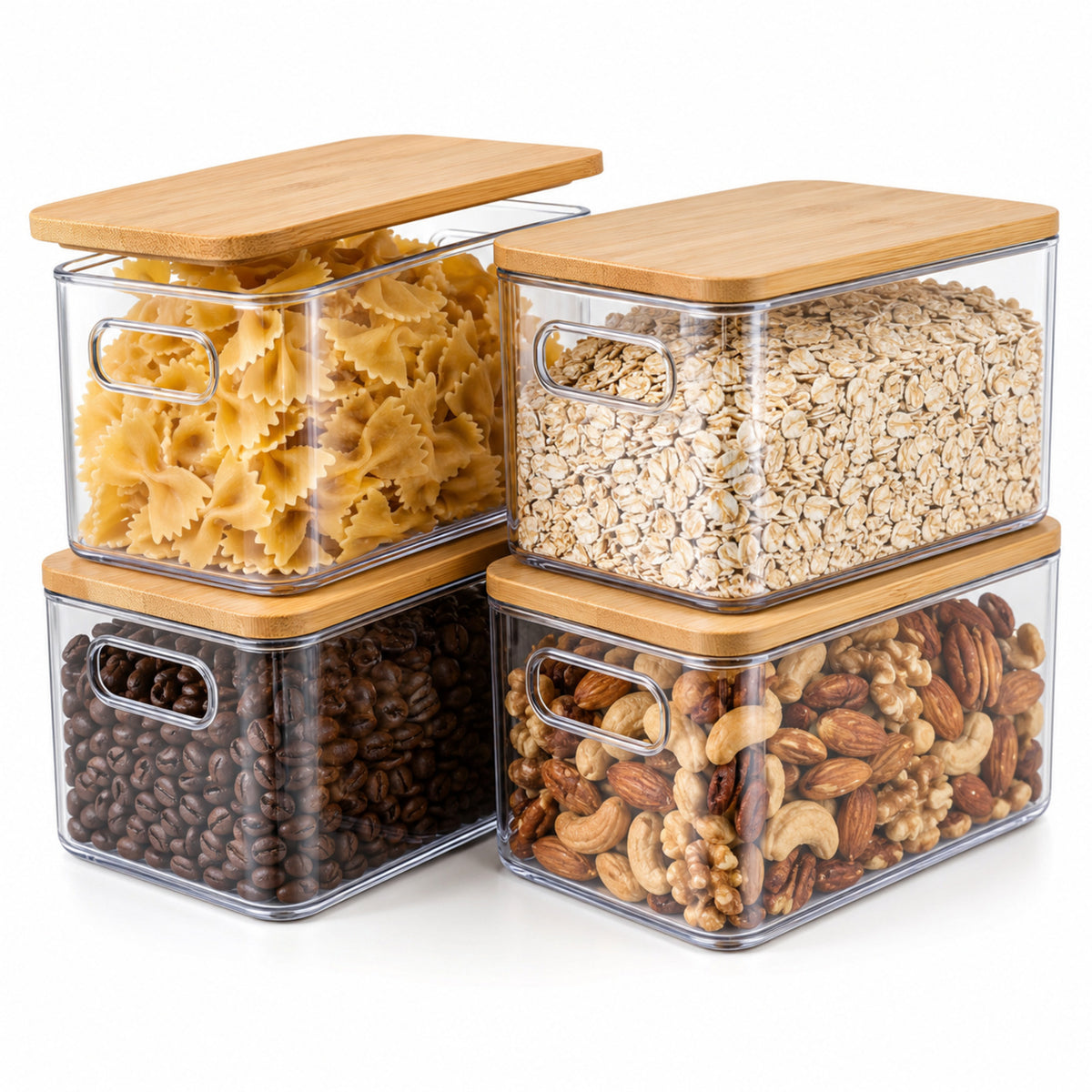Clear Stackable Pantry Storage Bins with Bamboo Lids – Set of 4