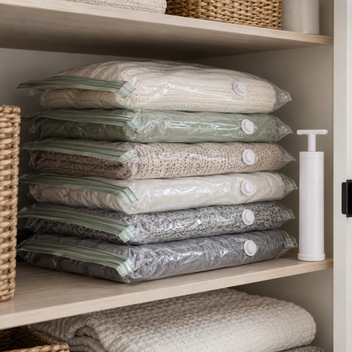 Reusable Vacuum Storage Bags with Hand Pump – Set of 6