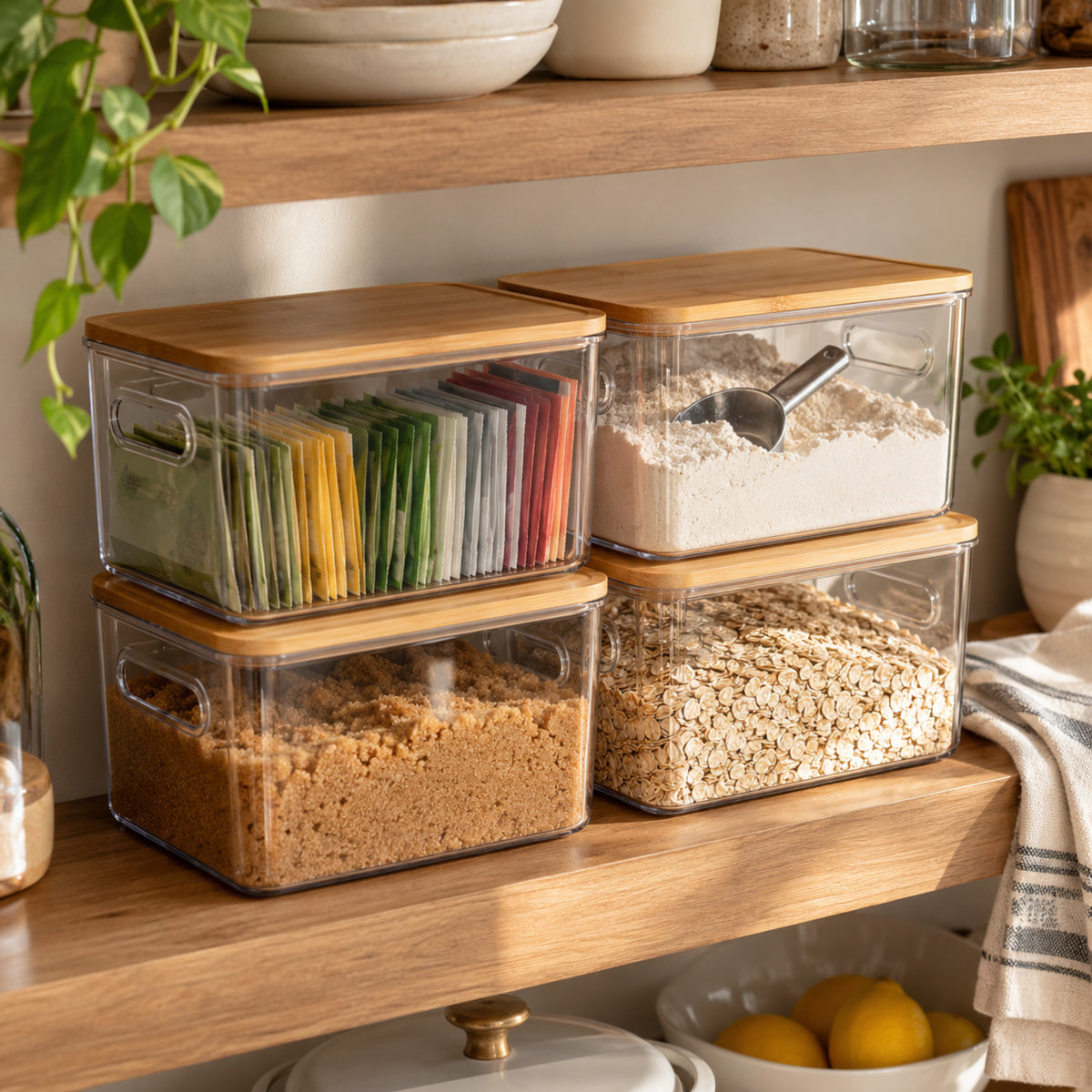 Clear Stackable Pantry Storage Bins with Bamboo Lids – Set of 4