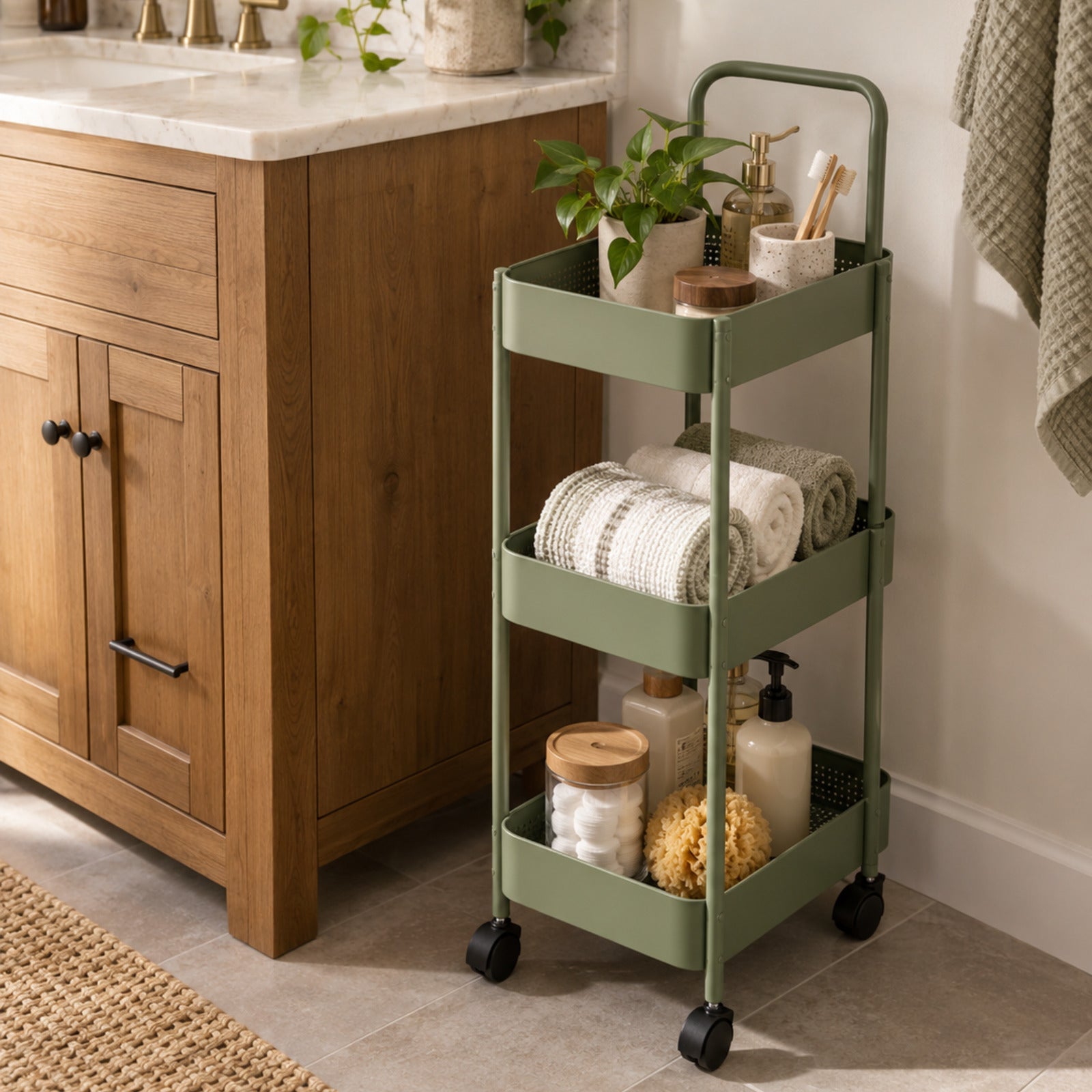 Slim rolling storage cart in a bright home